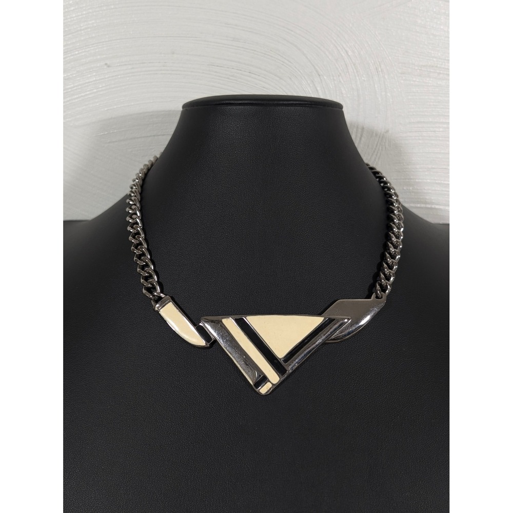 Retro Geometric Enamel Necklace Silver Tone Cuban Chain Y2K 17"